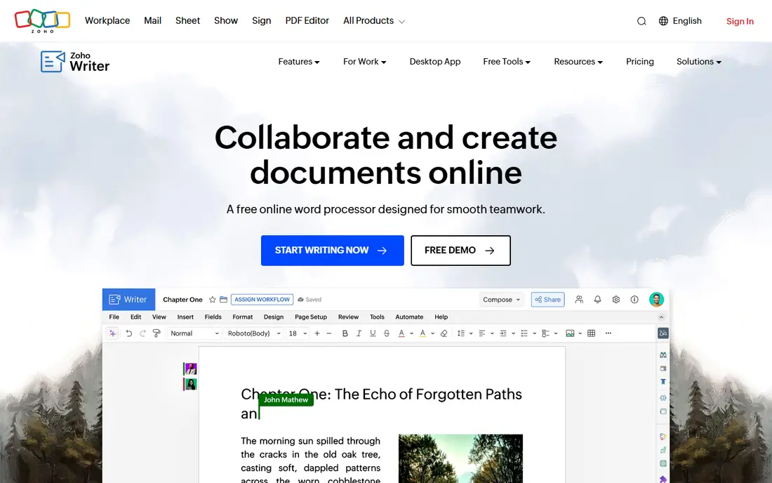 Zoho Writer website