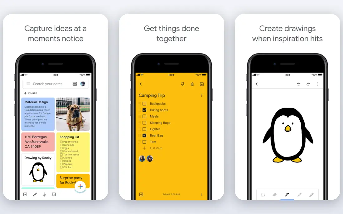 Google Keep app screenshots