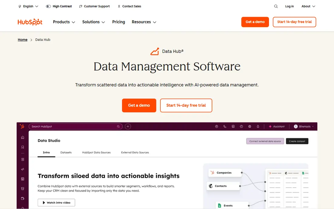 HubSpot Data Hub website
