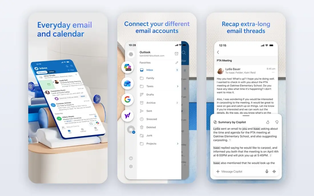 Microsoft Outlook app screenshots
