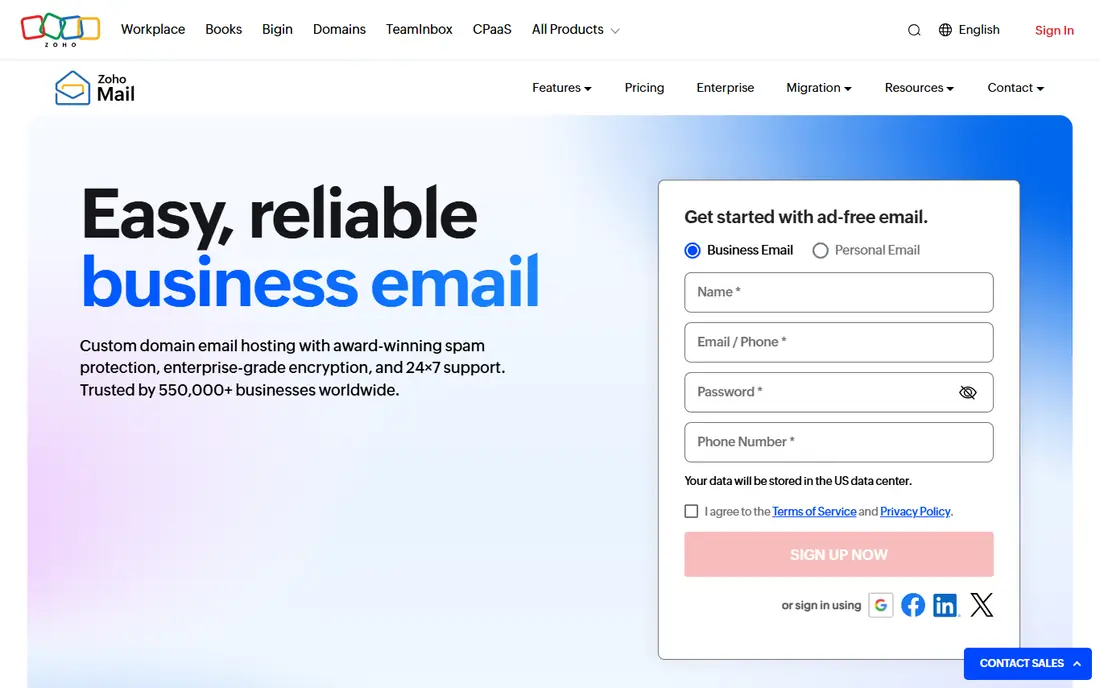 Zoho Mail website