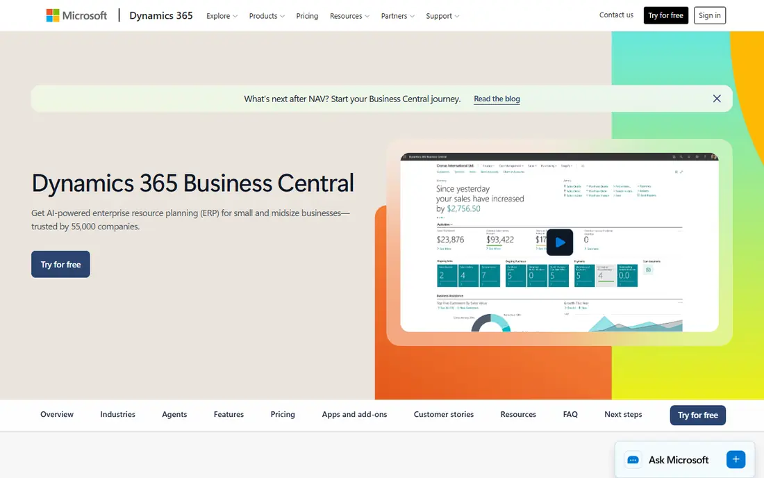 Microsoft Dynamics 365 Business Central website