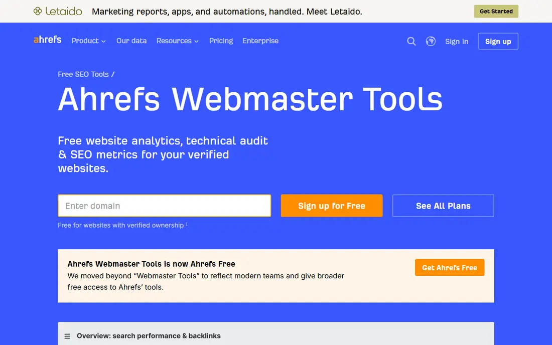 Ahrefs Webmaster Tools website