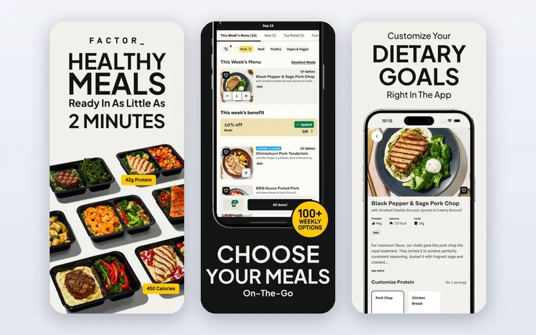 Factor app screenshots