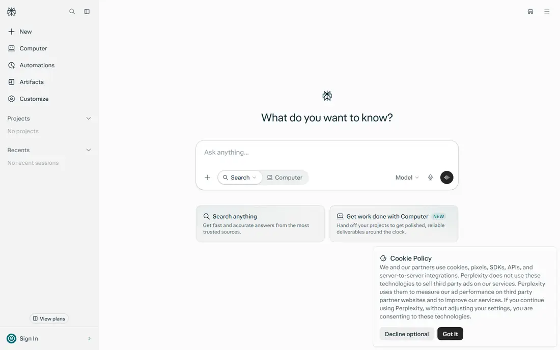 Perplexity website