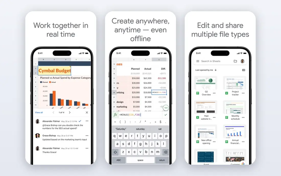 Google Sheets app screenshots