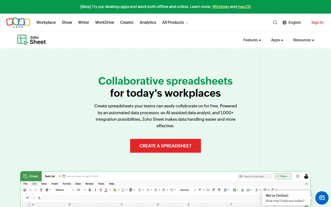 Zoho Sheet website