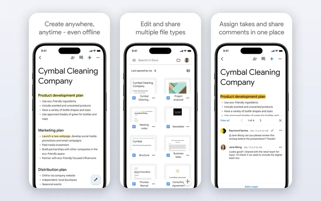 Google Docs app screenshots