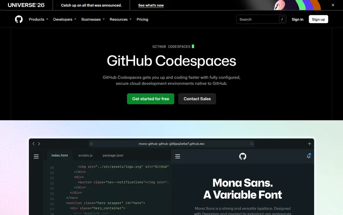 GitHub Codespaces website