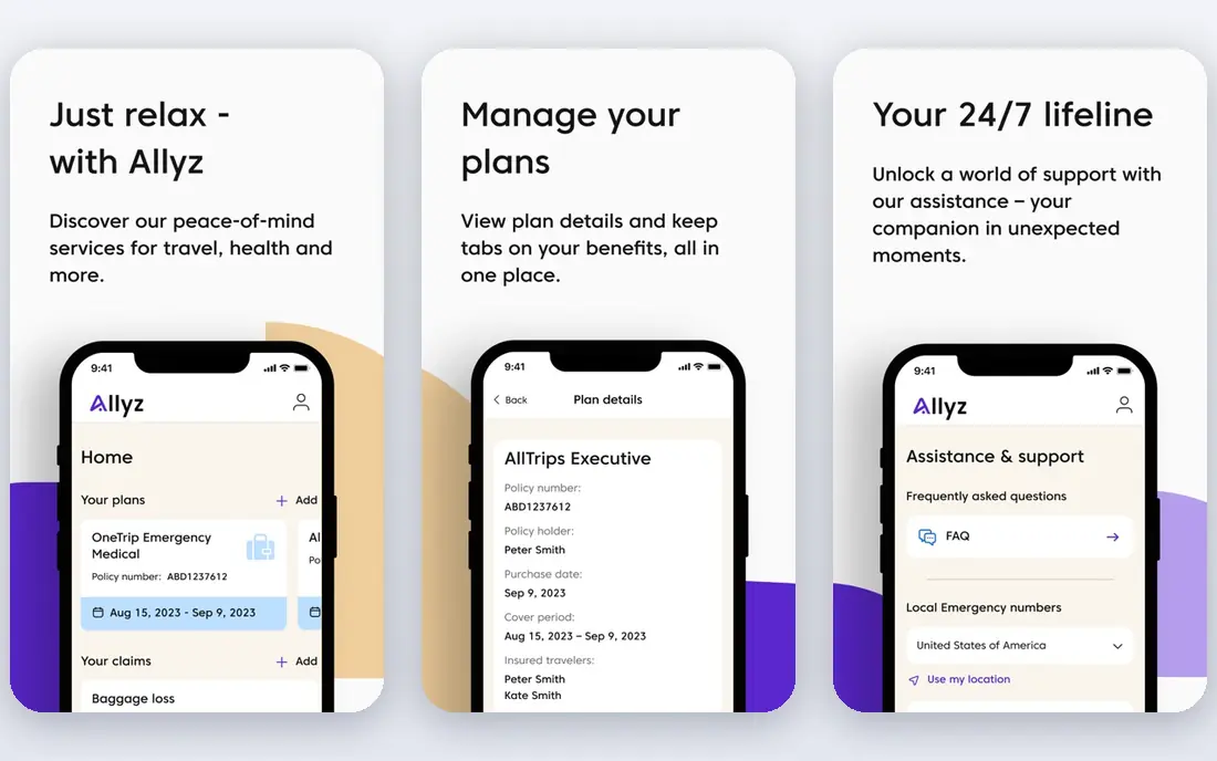Allianz Travel app screenshots